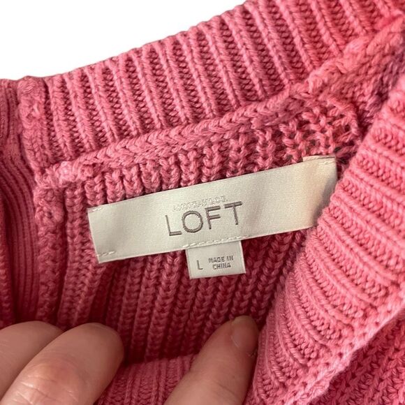Ann Taylor Loft Sweater Pink Knit Crochet Sleeves Ribbed Button Back Pullover La - Picture 6 of 7